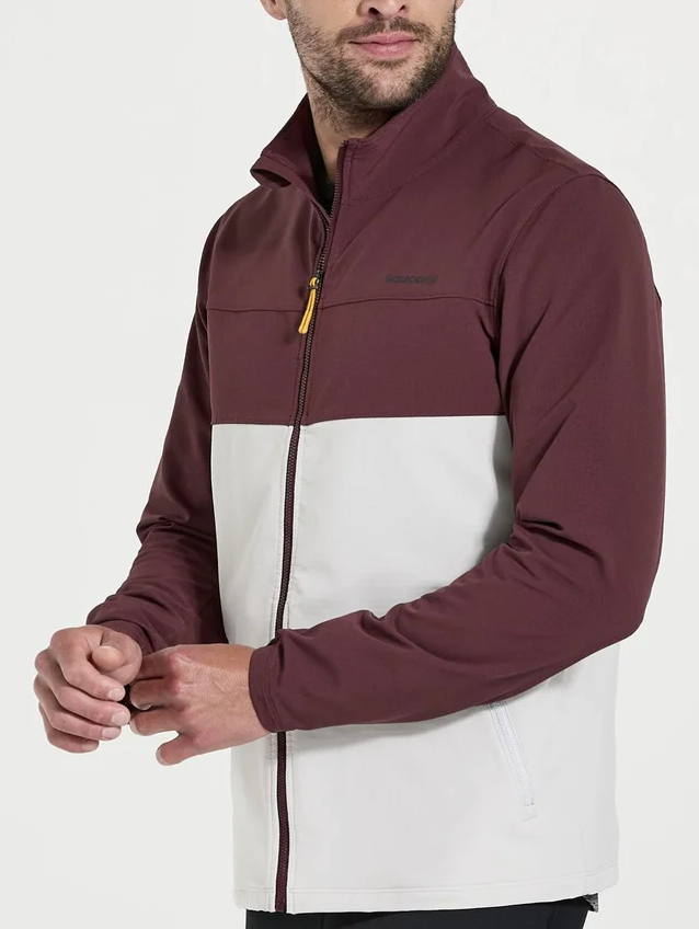 Men's Saucony Bluster Jacket. Brown/White. Front view.