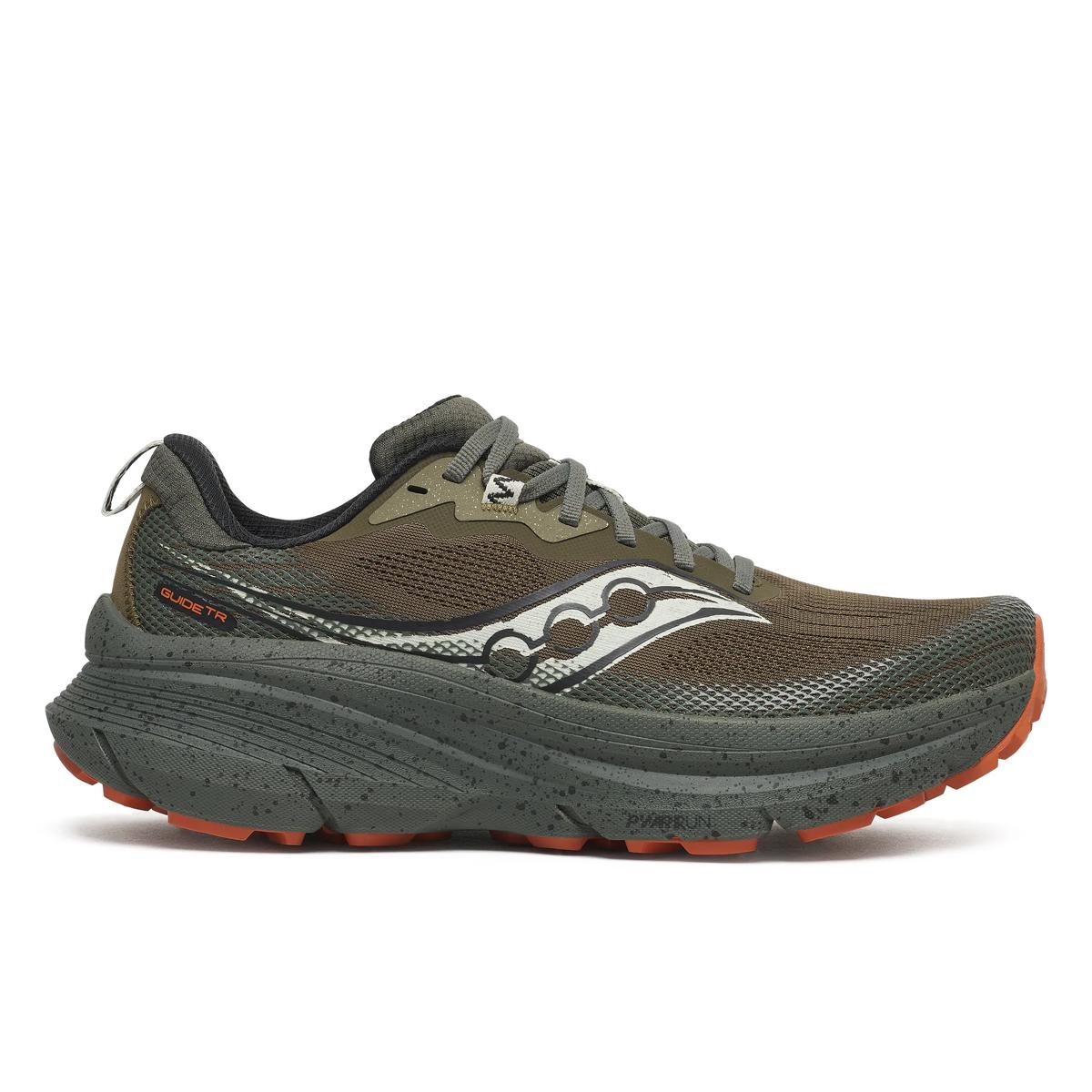 Men's Saucony Guide TR. Brown upper. Green midsole. Lateral view.