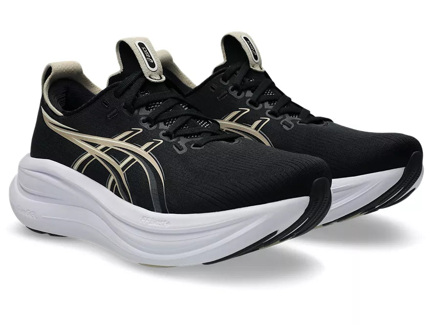 Women's ASICS GEL-Nimbus 28 in Black and Feather Grey, full product view