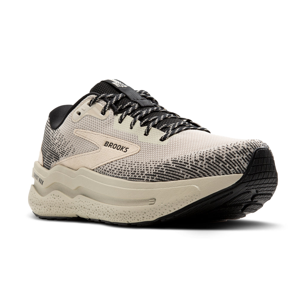 Men's Brooks Ghost Max 2. Off white/Black upper. Off white midsole. Lateral view.