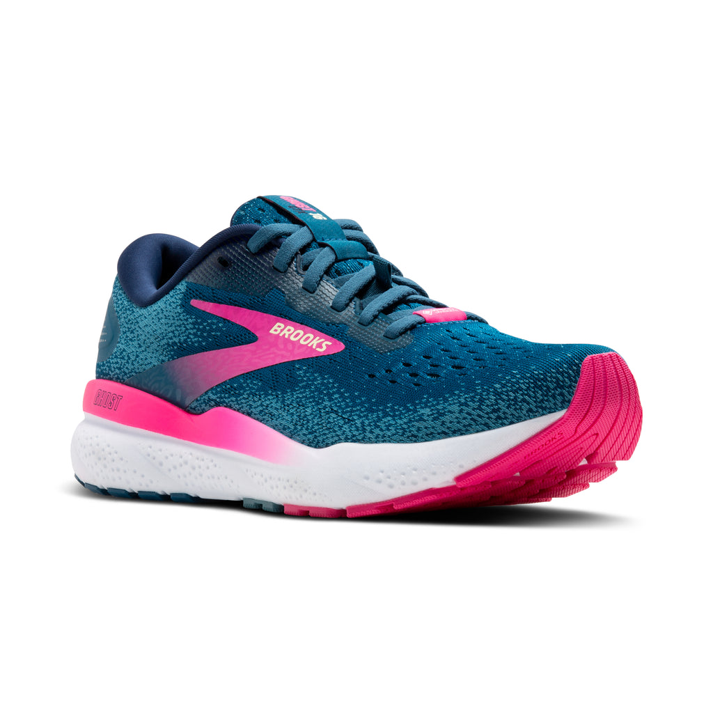 Women's Brooks Ghost 16 GTX. Teal upper. White midsole. Lateral view.