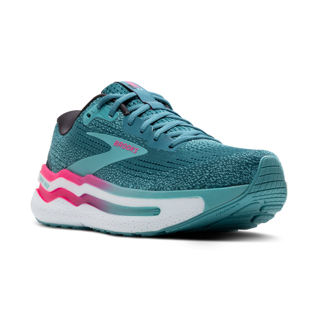 Women's Brooks Ghost Max 2. Aqua upper. White midsole. Lateral view.