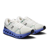 Women's On Cloudsurfer 2. White upper. Blue midsole. Lateral view.