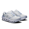 Women's On Running Cloudrunner 3. Light Grey upper. Light Blue midsole. Lateral view.