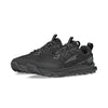 Women's Alra Lone Peak 9. Black upper. Black midsole. Lateral view.