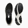Black and white running shoe with sole view on a white background