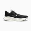 Black running shoe with white sole on a light gray background