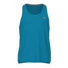 A teal blue New Balance tank top with a small gold 'NB' logo on the left chest, displayed against a solid white background.