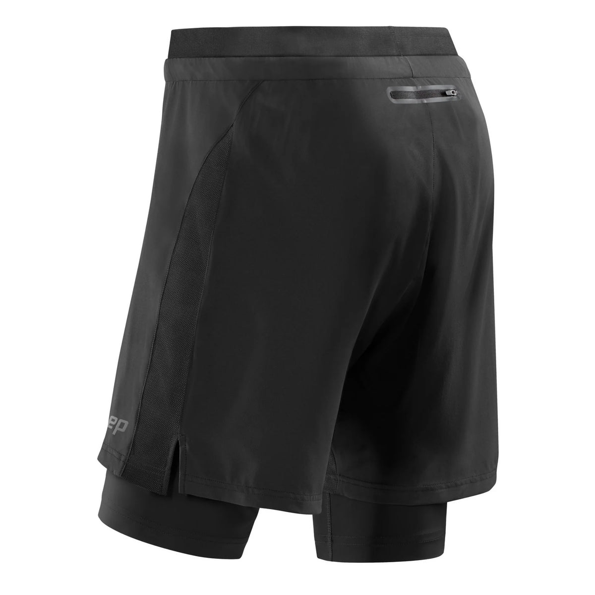 Men's CEP 2-in-1 Training Shorts. Black. Lateral/Rear view.