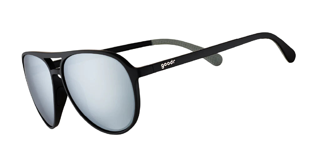 goodr mach g sunglasses. Black. Front/Lateral view.