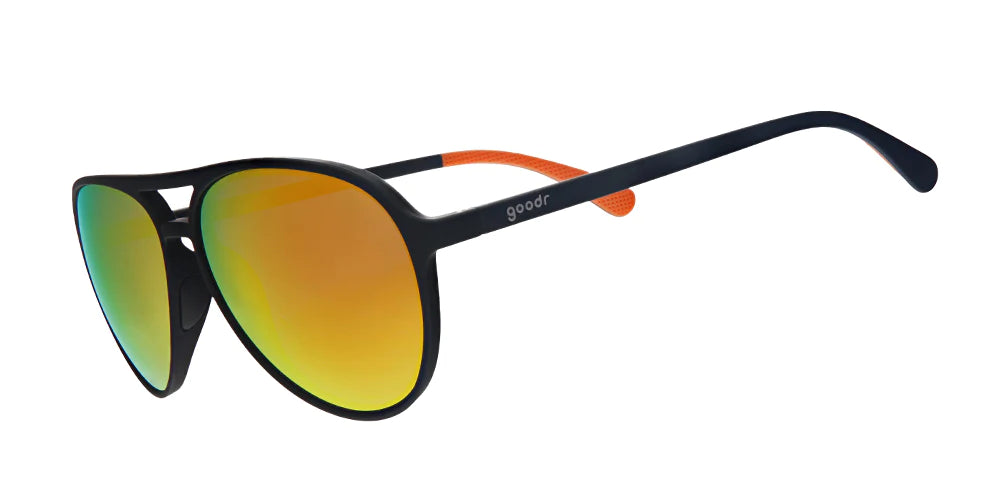 goodr mach g sunglasses. Black with Orange. Front/Lateral view.