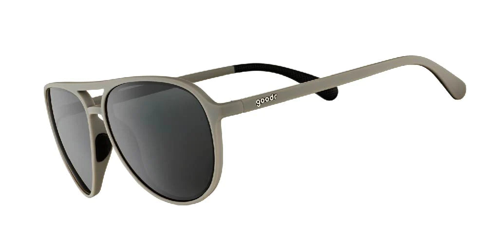goodr mach g sunglasses. Grey. Front/Lateral view.