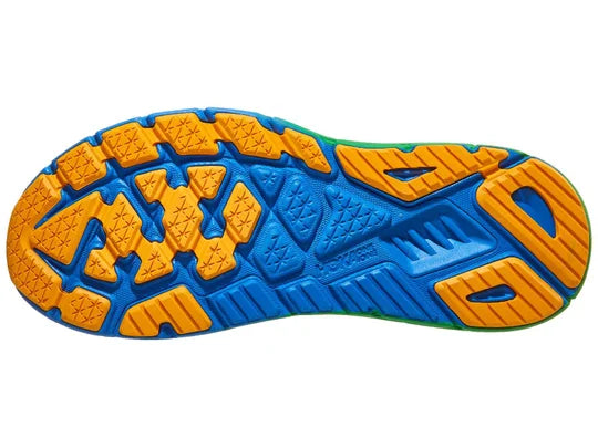 Men's Hoka Arahi 7. Blue upper. Green and Blue midsole. Bottom view. 