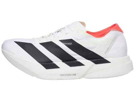 Men's Adidas Adizero Adios Pro 4. White upper. White midsole. Lateral view.