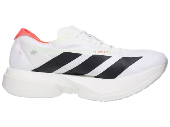 Men's Adidas Adizero Adios Pro 4. White upper. White midsole. Medial view.