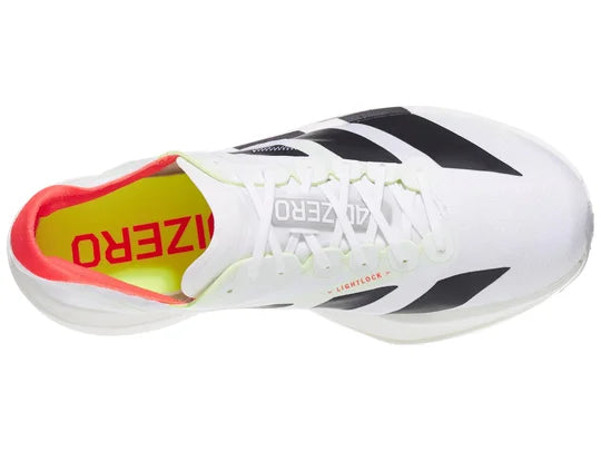 Men's Adidas Adizero Adios Pro 4. White upper. White midsole. Top view.