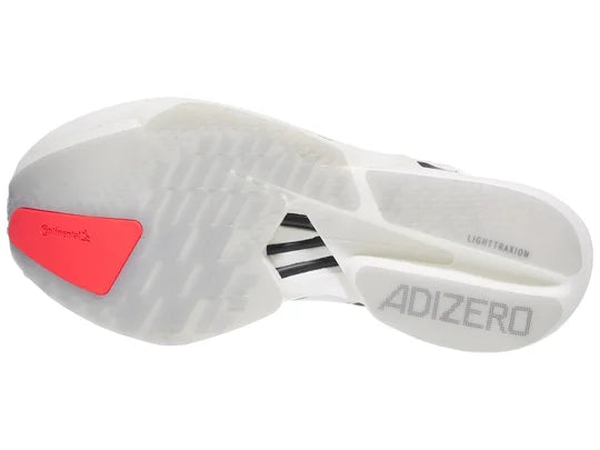 Men's Adidas Adizero Adios Pro 4. White upper. White midsole. Bottom view.
