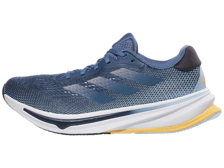 Men's Adidas Supernova Rise. Grey/Blue upper. White midsole. Lateral view.