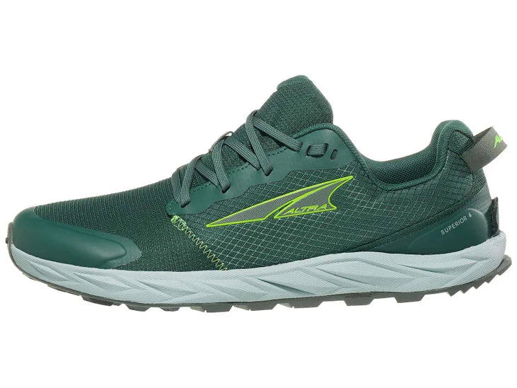 Men's Altra Superior 6. Dark green upper. Grey midsole. Lateral view.