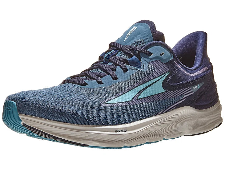 Men's Altra Torin 6. Blue upper. White midsole. Lateral view.