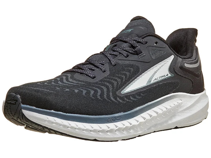 Men's Altra Torin 7. Black upper. White midsole. Lateral view.