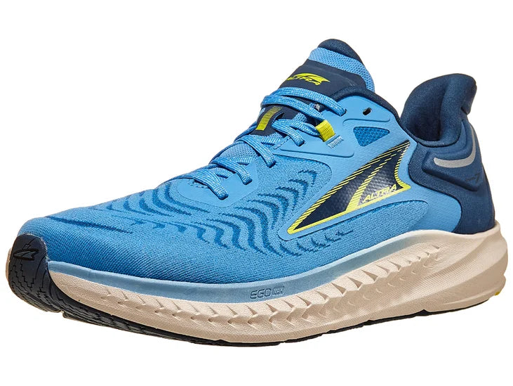 Men's Altra Torin 7. Blue upper. White midsole. Lateral view.