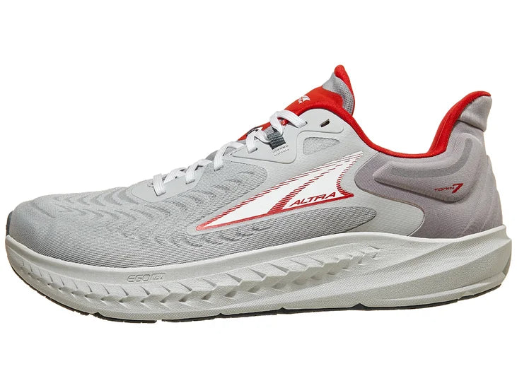 Men's Altra Torin 7. Grey upper. White midsole. Lateral view.