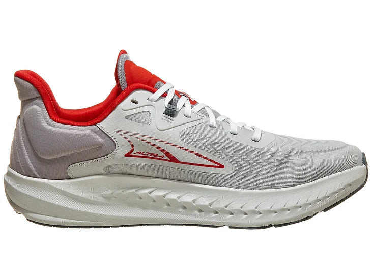 Men's Altra Torin 7. Grey upper. White midsole. Medial view.