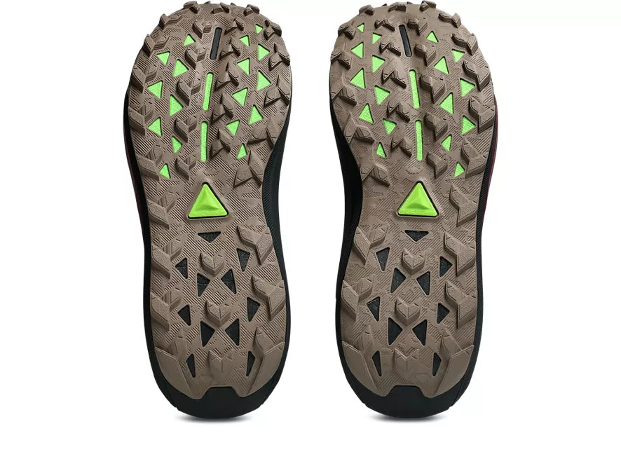 Men's Asics Gel-Trabuco MT GTX. Taupe upper. Black midsole. Bottom view.