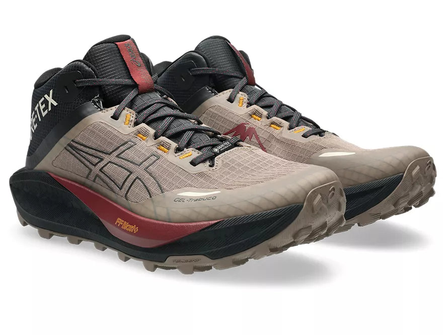 Men's Asics Gel-Trabuco MT GTX. Taupe upper. Black midsole. Lateral view.