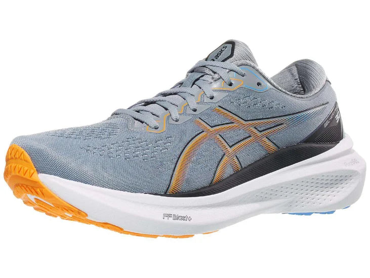 Men's Asics Gel Kayano 30. Grey upper. White midsole. Lateral view.