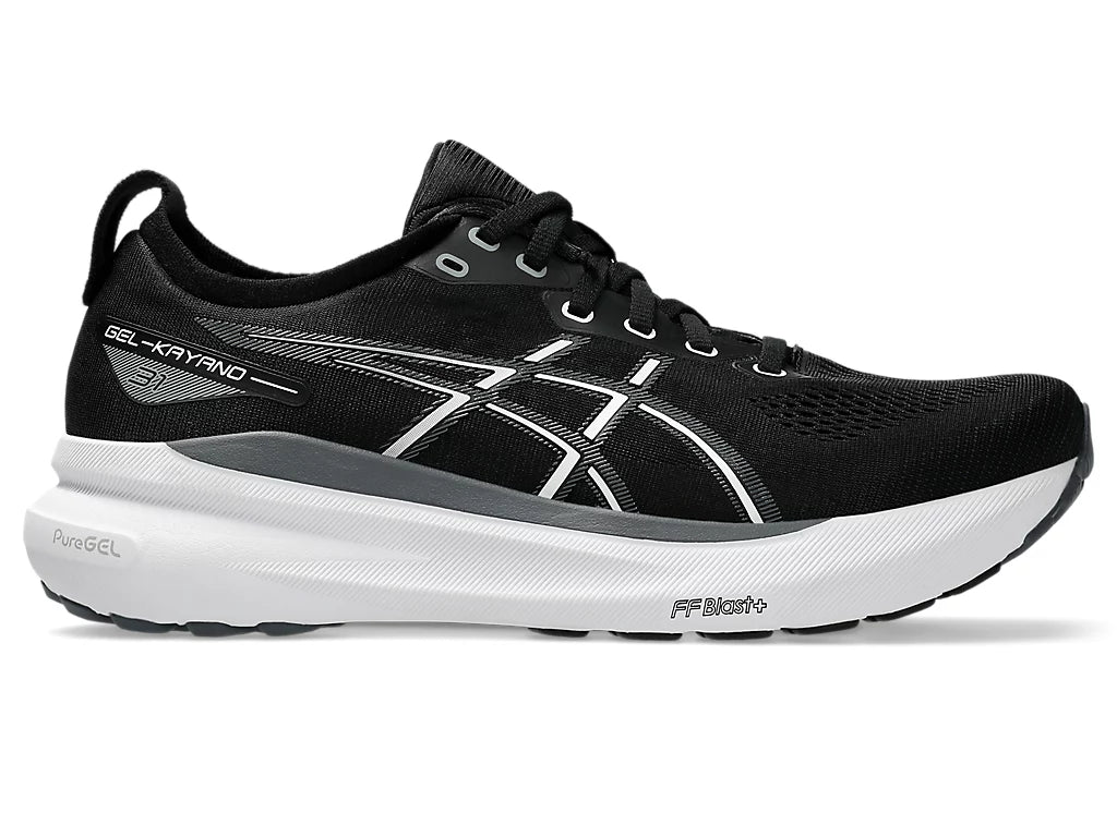 Men's Asics Gel-Kayano 31. Black upper. White midsole. Lateral view.