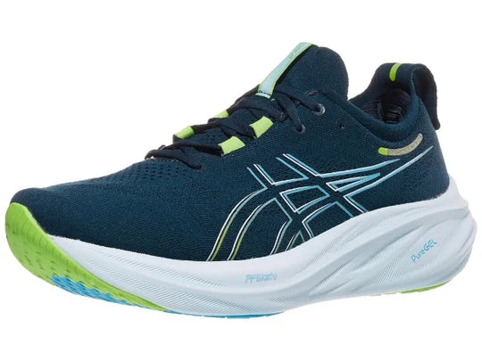 Men's Asics Gel-Nimbus 26. Blue upper. Light Blue midsole. Lateral view.
