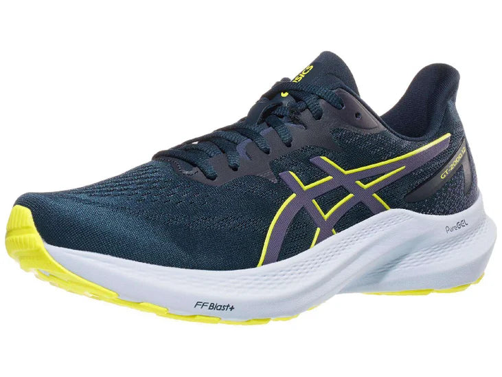 Men's Asics GT-2000 12. Dark Blue upper. White midsole. Lateral view.
