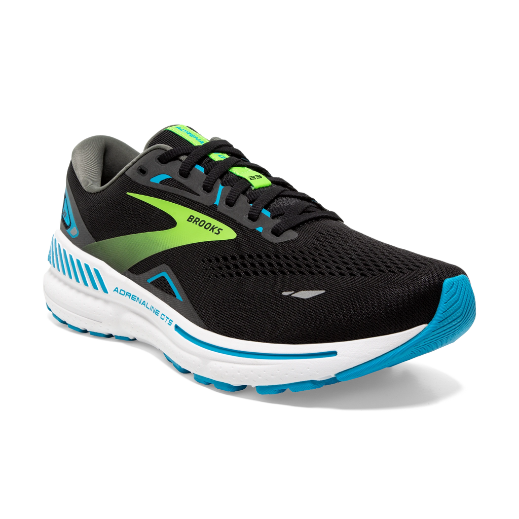 Men's Brooks Adrenaline GTS 23. Black upper. White midsole. Lateral view.