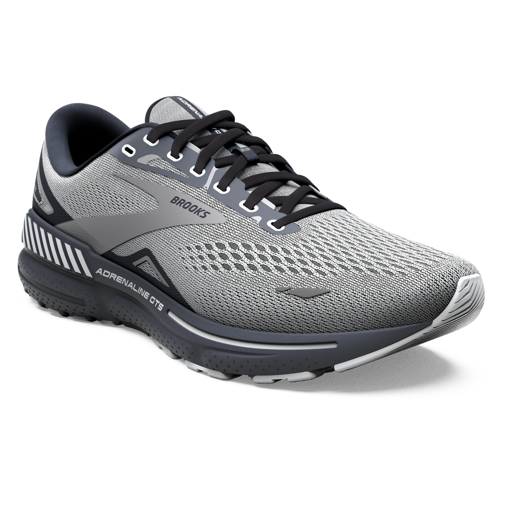 Men's Brooks Adrenaline GTS 23. Grey upper. Black midsole. Lateral view.