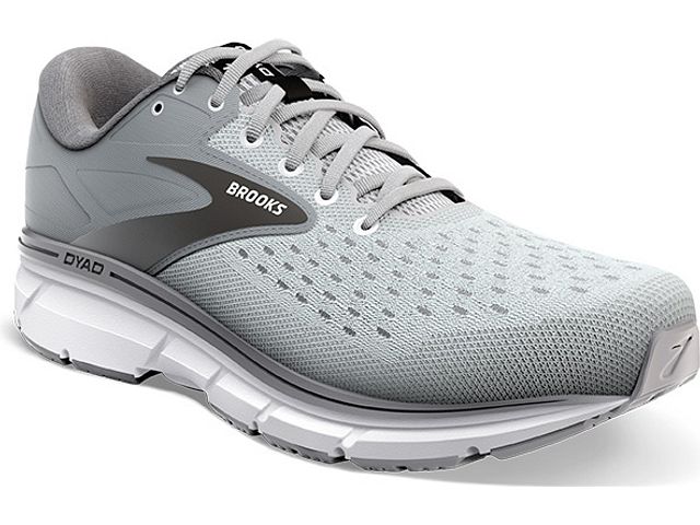 Men's Brooks Dyad 11. Grey upper. White midsole. Lateral view.