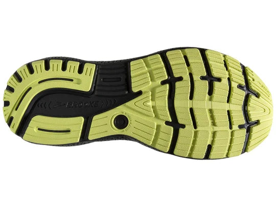 Men's Brooks Ghost 16. Grey upper. Black midsole. Bottom view.