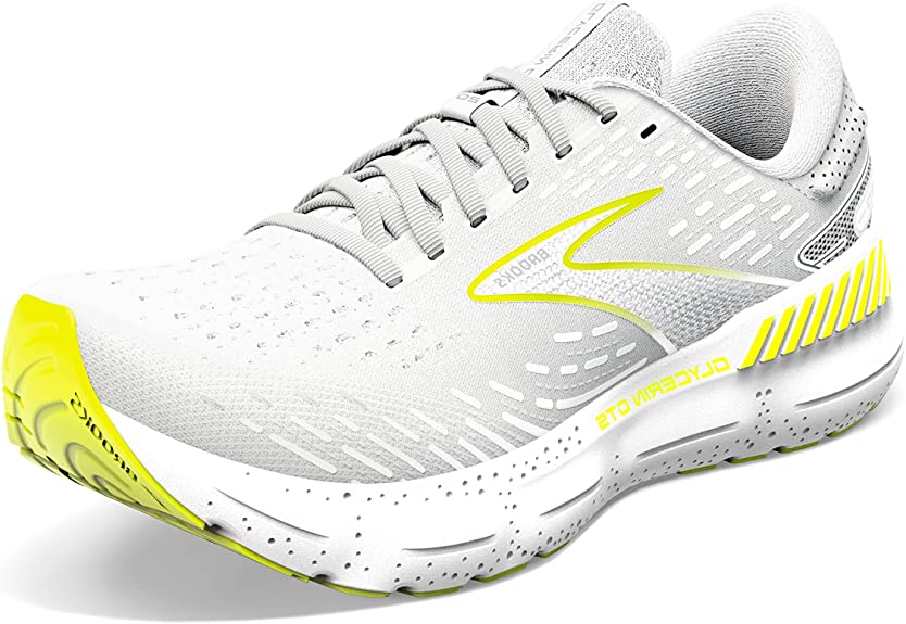 Men's Brooks Glycerin GTS 20. White upper. White midsole. Lateral view.