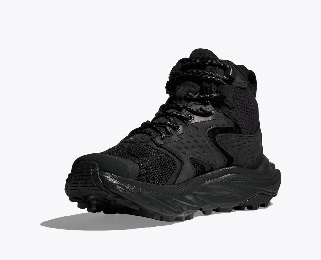 Men's Hoka Anacapa 2 Mid GTX. Black upper. Black midsole. Front/Medial view.