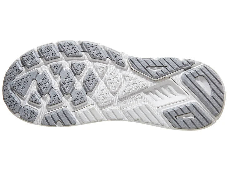 Men's Hoka Arahi 7. Dark Blue upper. White midsole. Bottom view.