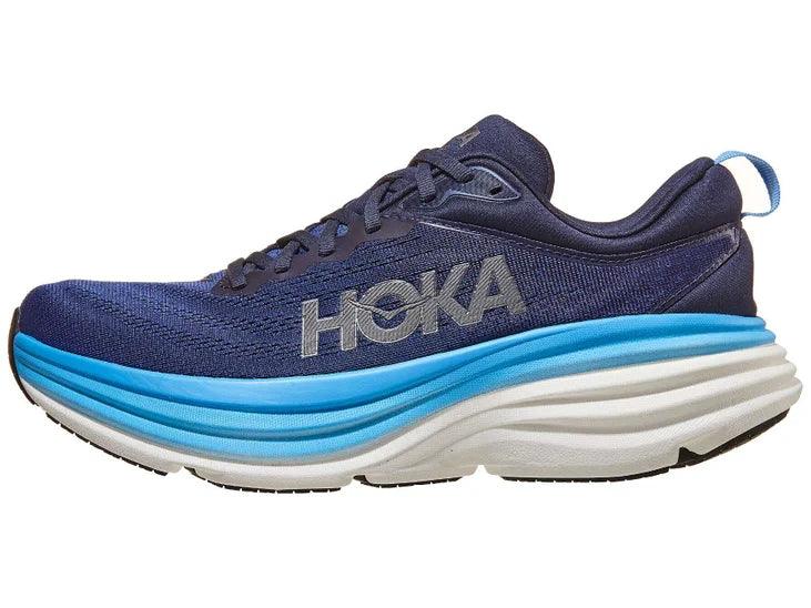 Men's Hoka Bondi 8. Blue upper. White midsole. Lateral view.
