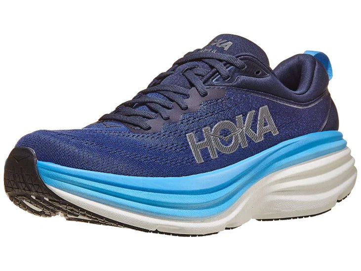 Men's Hoka Bondi 8. Blue upper. White midsole. Lateral view.