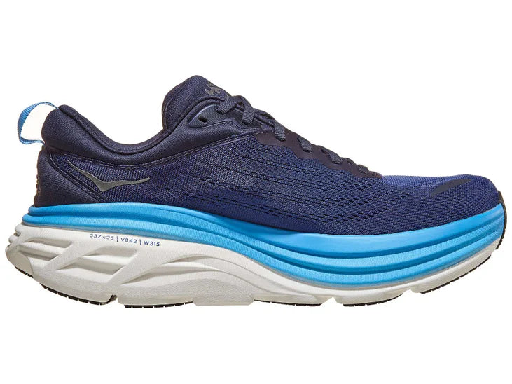 Men's Hoka Bondi 8. Blue upper. White midsole. Medial view.