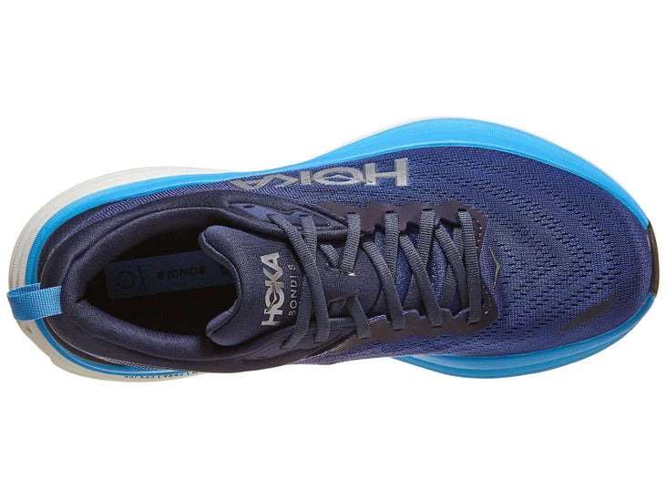 Men's Hoka Bondi 8. Blue upper. White midsole. Top view.