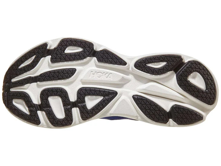 Men's Hoka Bondi 8. Blue upper. White midsole. Bottom view.