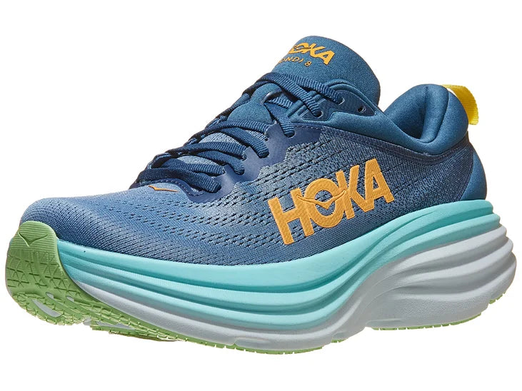Men's Hoka Bondi 8. Blue/Green upper. White midsole. Lateral view.