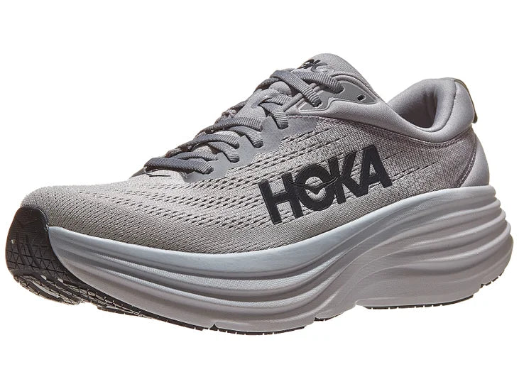 Men's Hoka Bondi 8. Grey upper. Grey midsole. Lateral view.