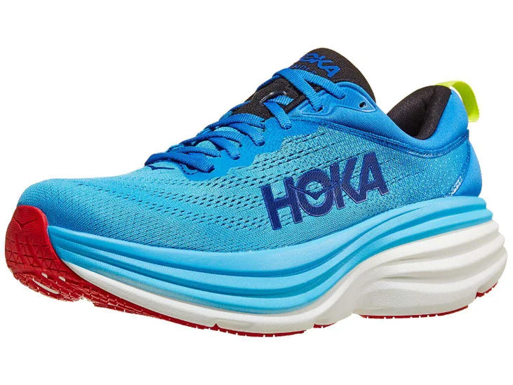 Men's Hoka Bondi 8. Light Blue upper. Light Blue/White midsole. Lateral view.