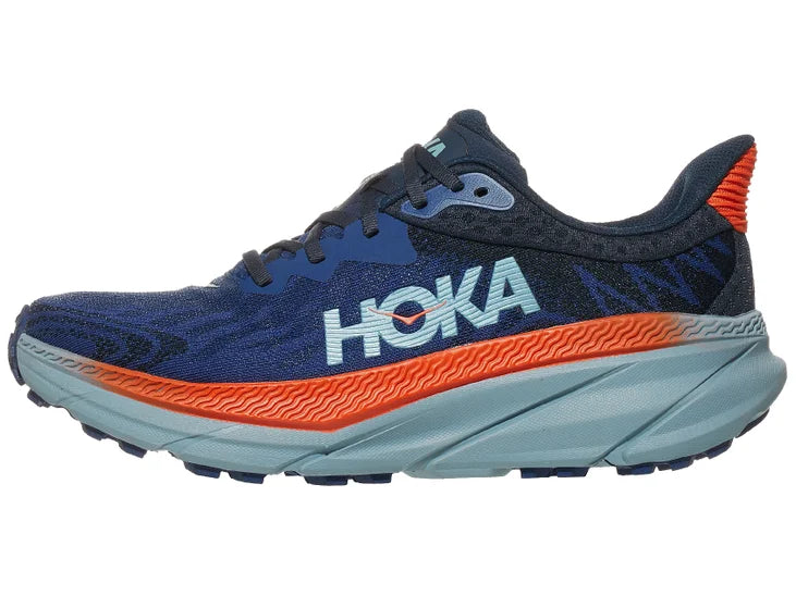 Men's Hoka Challenger 7. Dark blue upper. Grey/red midsole. Lateral view.